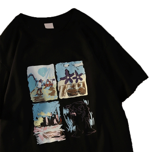 元气少女vintage短袖t恤夏天宽松大码涂鸦体恤ins潮街头港味上衣