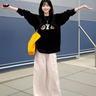 大码法式胖mm正肩长袖t恤女潮ins港风慵懒风纯棉宽松打底衫上衣bf