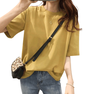 ins纯棉2021夏新款纯色宽松chi休闲半袖百搭学生百搭短袖t恤女潮