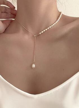 韩版东大门淡水珍珠可调节抽拉项链锁骨链抖音网红气质Y形女短款