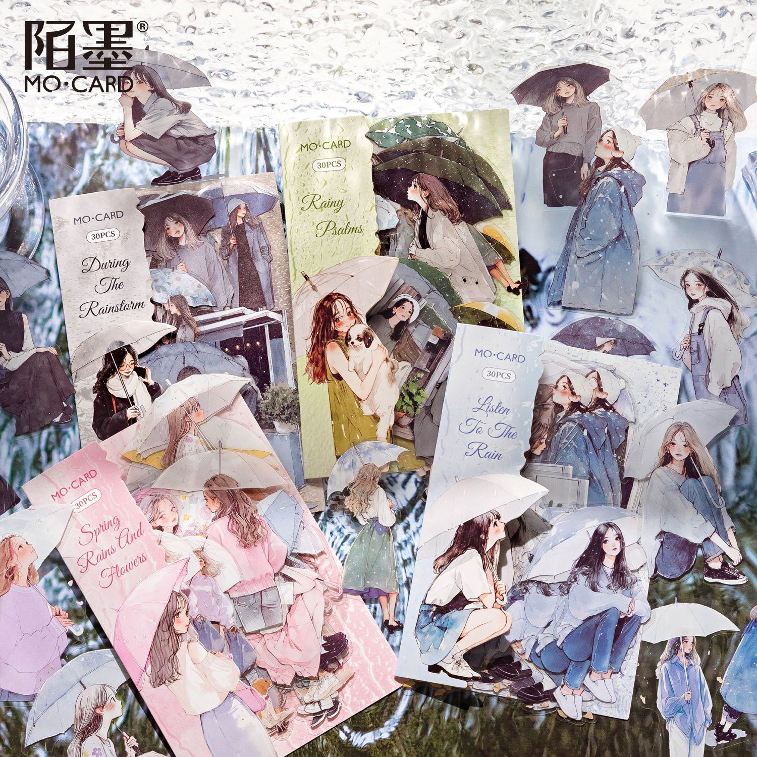 小鱼家 雨声序曲系列PET白墨贴纸包30张复古人物手帐咕卡装饰贴画图片