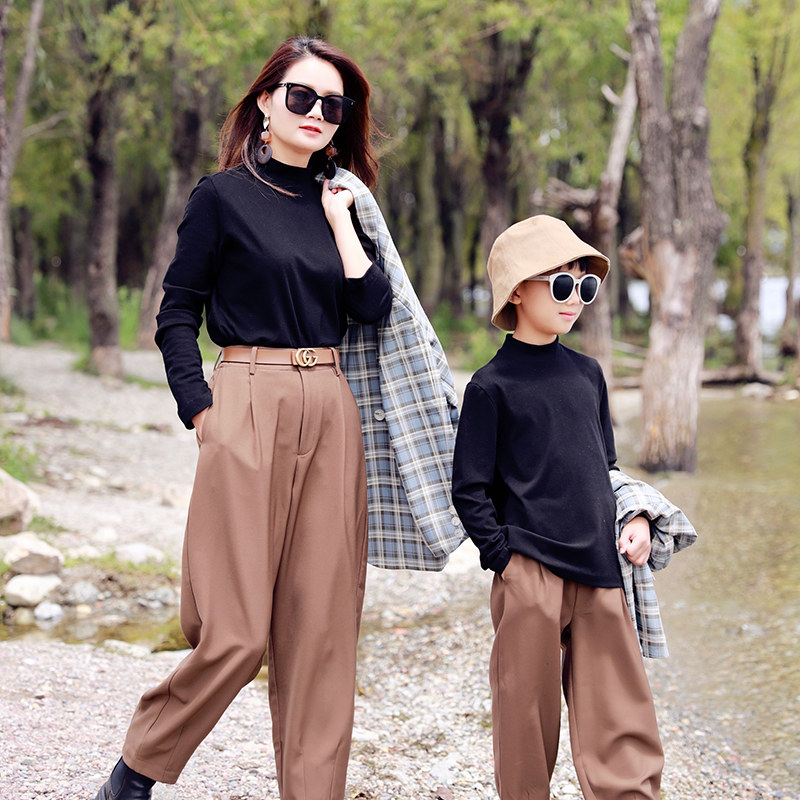 哲思凡亲子装母子母女装男童女童秋季高领针织T恤打底衫收脚裤潮