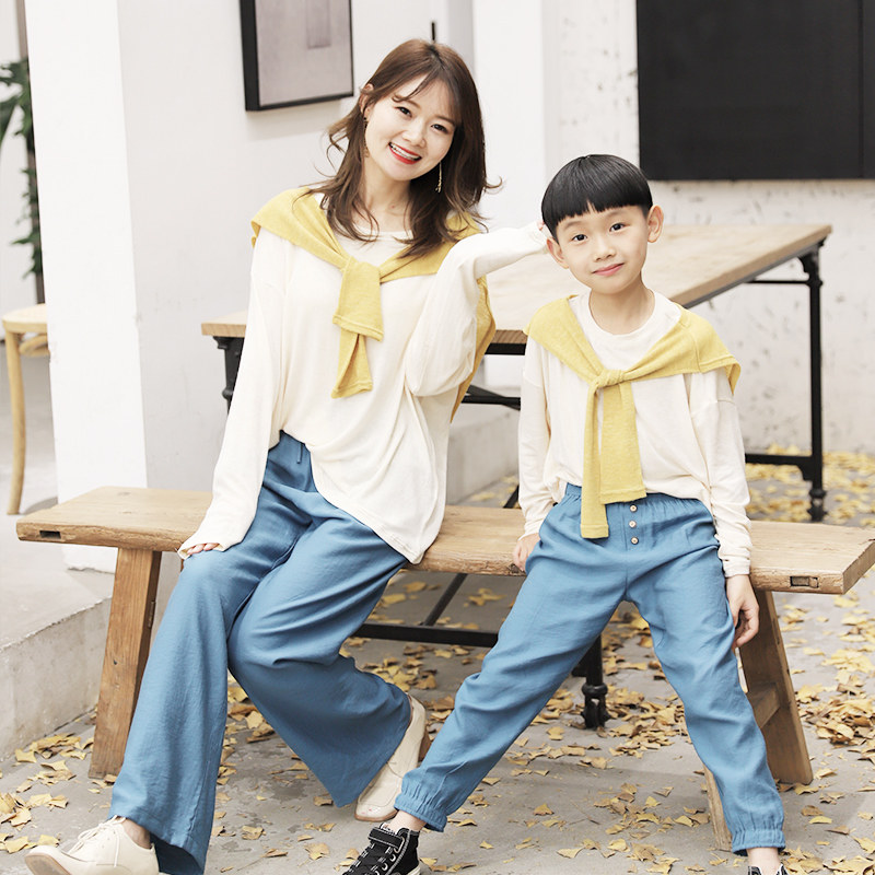 哲思凡亲子装早秋装新款母子母女装时尚假两件长袖T恤休闲裤子