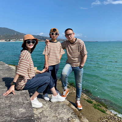 母子条纹撞色短袖t恤宽松全家装