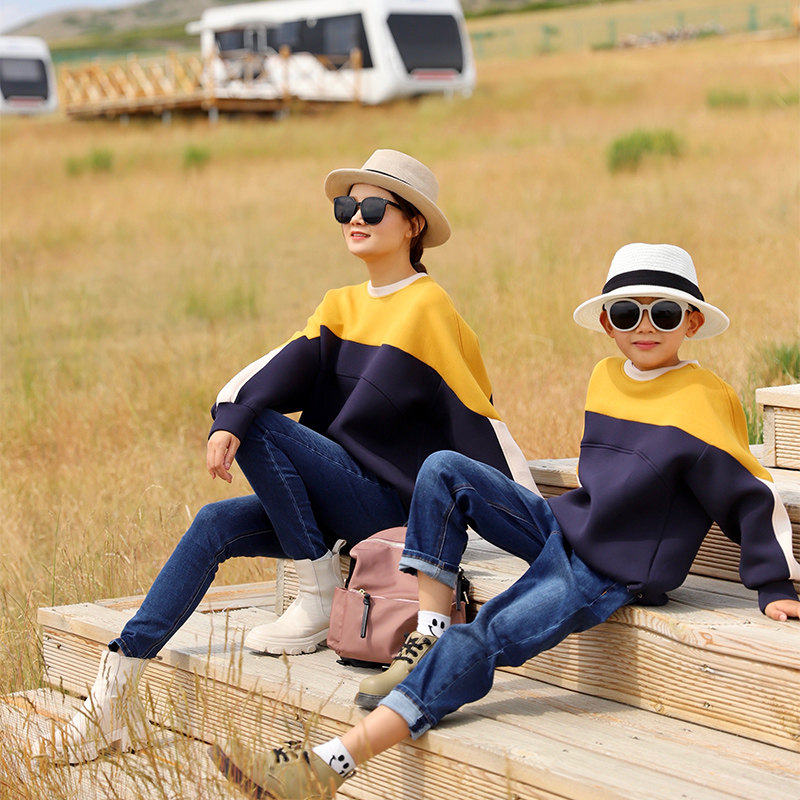 哲思凡亲子装秋新品母子母女装童装黄蓝拼接空气层套头卫衣时尚