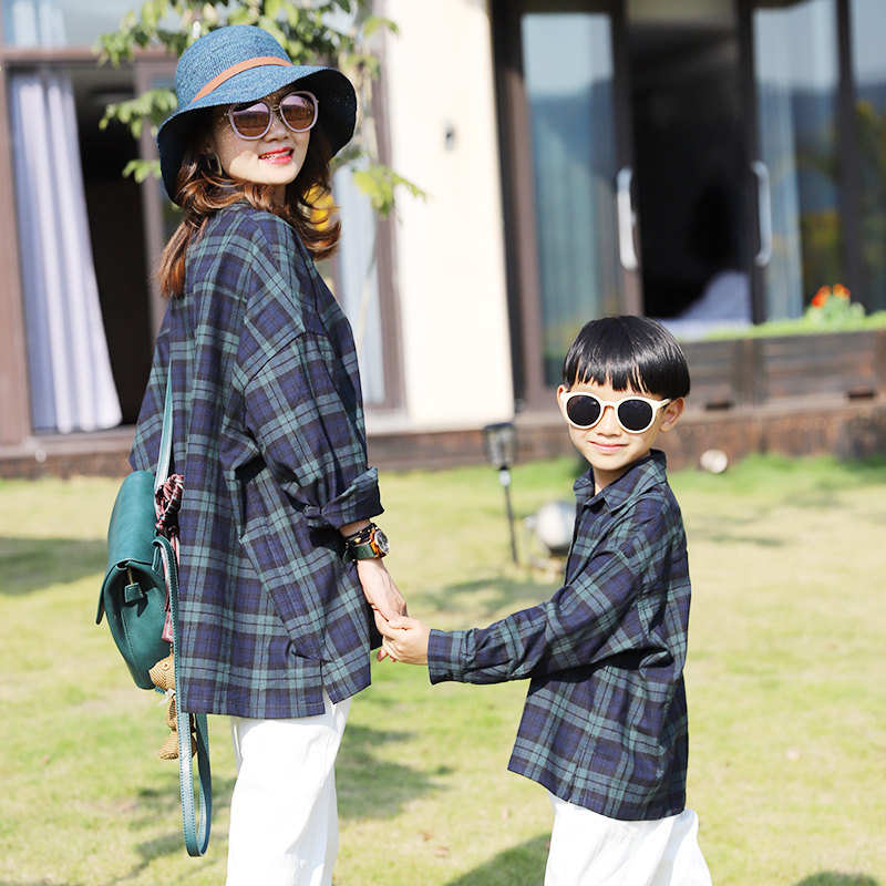 哲思凡亲子装春新款母子母女装蓝绿格宽松版长袖休闲衬衫潮