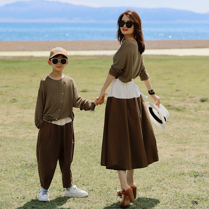 哲思凡亲子装春夏新品母子母女装童装军绿宽松长袖T半身裙休闲裤
