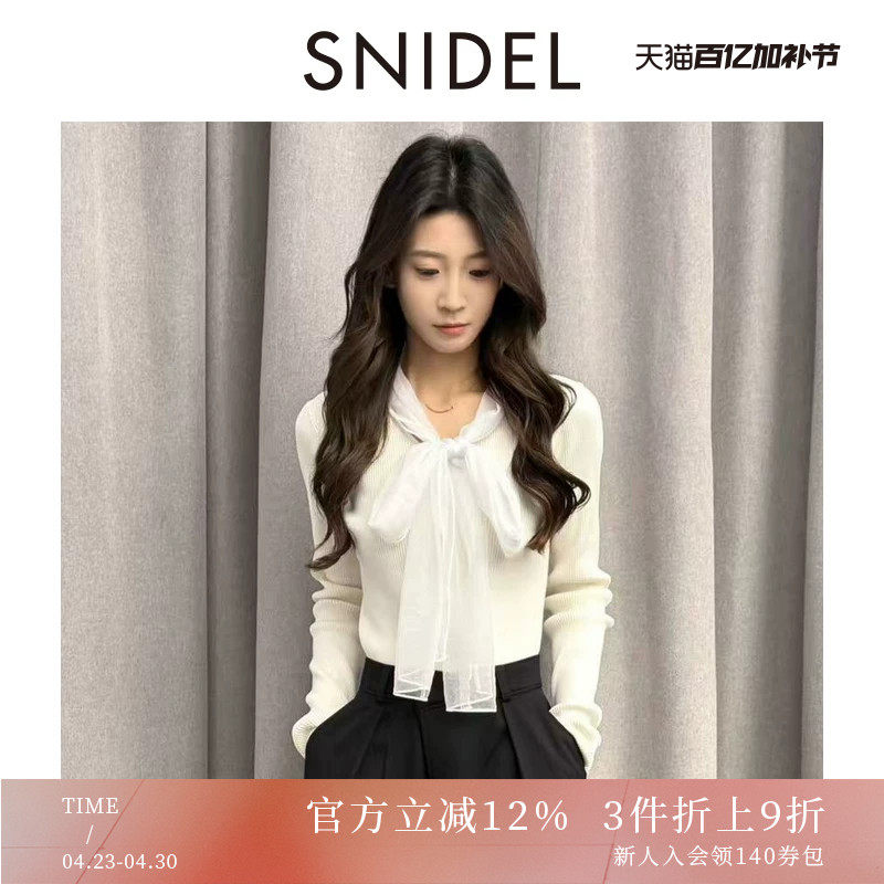 SNIDEL2025秋冬新品甜美蝴蝶结系带长袖罗纹针织衫上衣SWNT255166