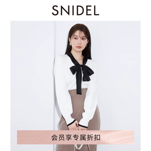 SNIDEL2024春夏新品 SWNT241161 甜美V领蝴蝶结系带拼色针织开衫