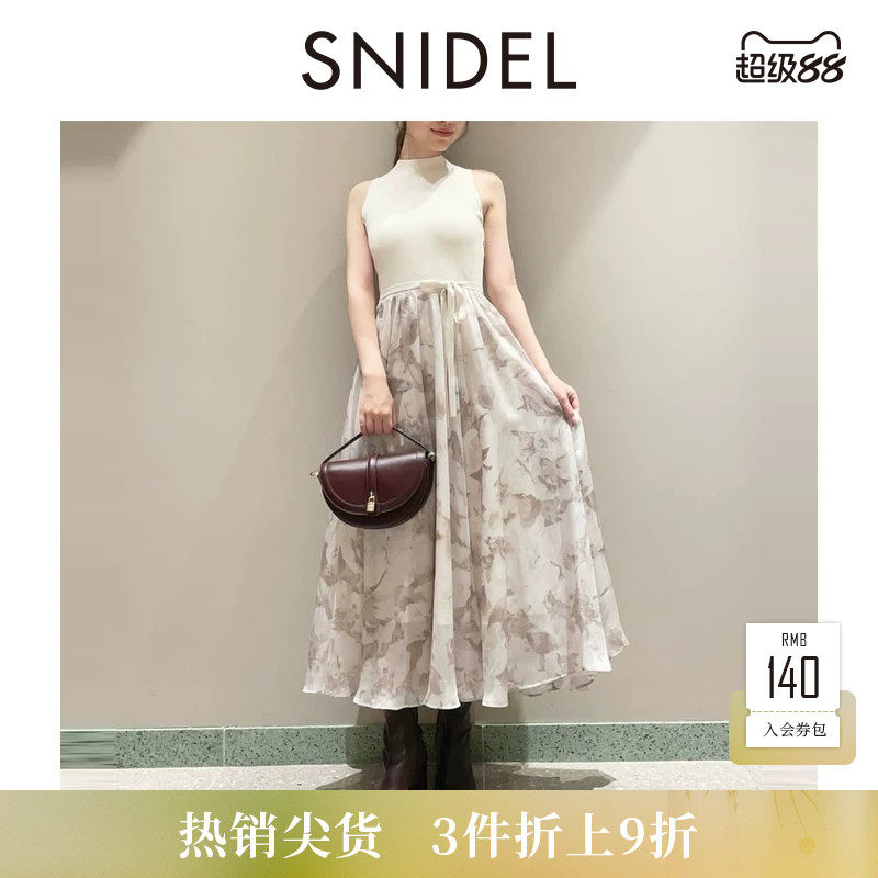 SNIDEL2025秋冬新品优雅时尚圆领无袖腰带印花连衣裙SWNO254337