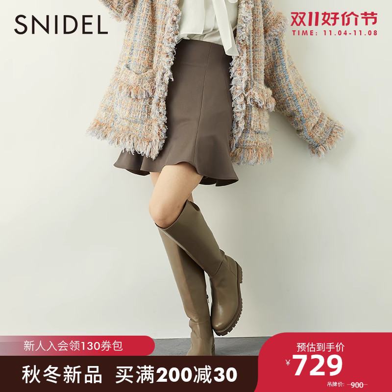SNIDEL2023秋冬新品纯色百搭A字高腰拉链喇叭短款裙裤SWFP235143