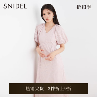 甜美提花V领泡泡袖 SNIDEL春夏款 露背收腰系带A字连衣裙SWFO231259