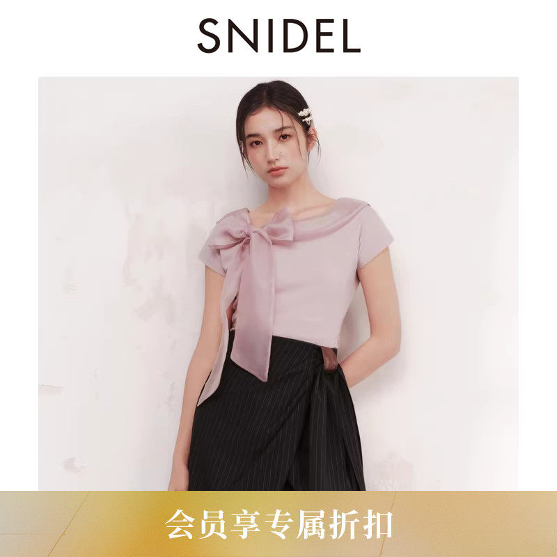 SNIDEL2026春夏新品甜美薄纱蝴蝶结领短袖收腰T恤上衣SWCT261306