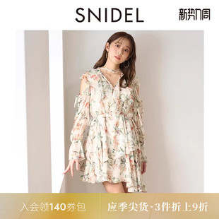 SNIDEL春夏款 甜美荷叶边露肩收腰系带印花连衣裙SWFO251069