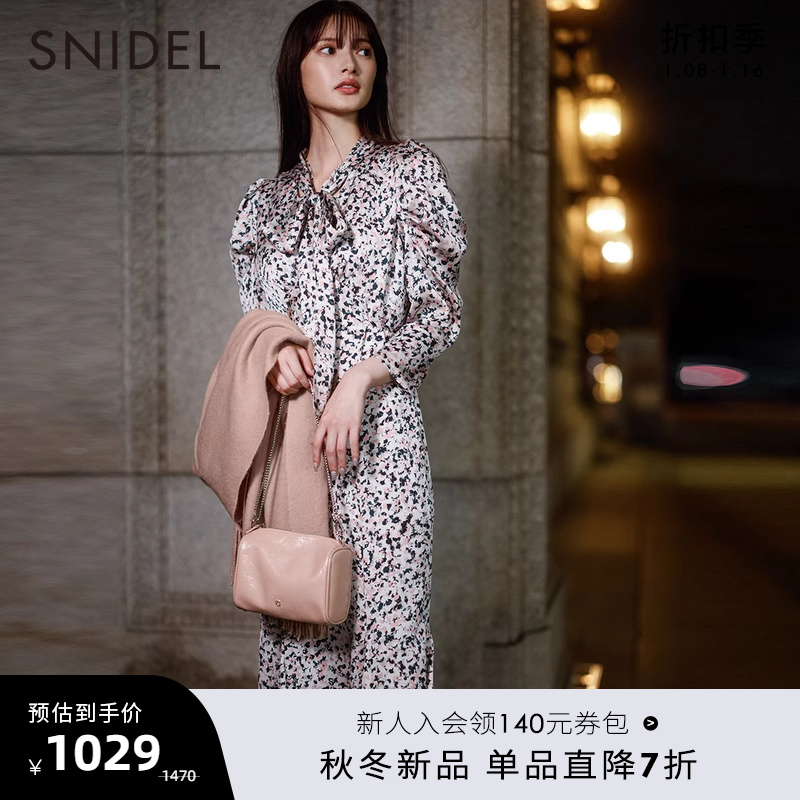 SNIDEL2023秋冬新品蝴蝶结系带泡泡袖鱼尾印花连衣裙SWFO235020