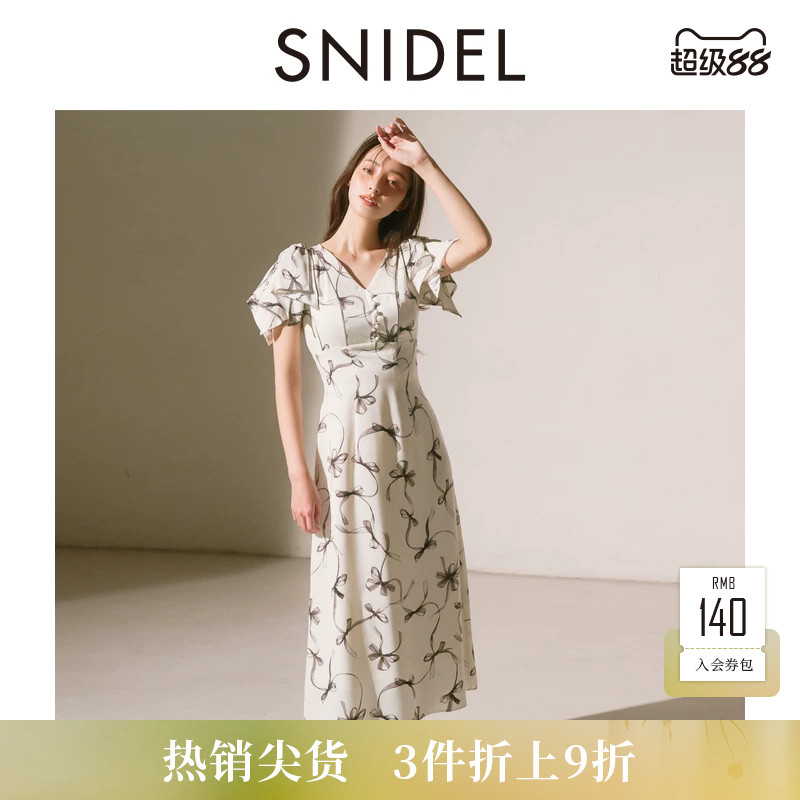 SNIDEL2025秋冬新品优雅V领短袖收腰蝴蝶结印花连衣裙SWFO254025