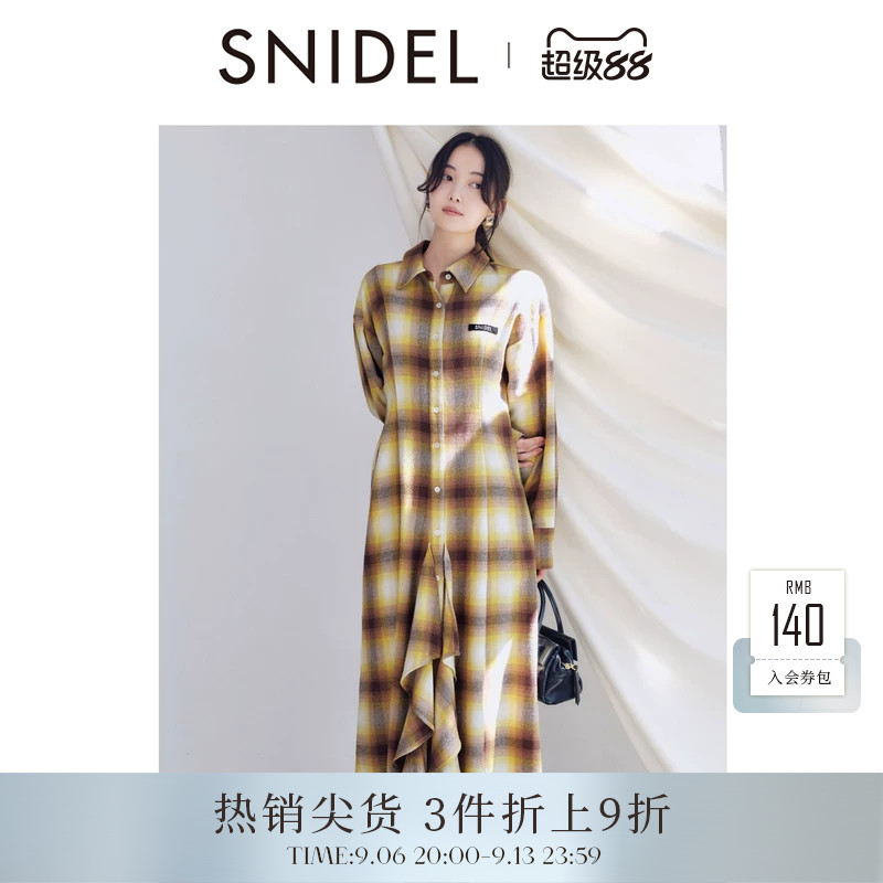 SNIDEL2025秋冬新品时尚翻领长袖荷叶边格纹衬衫连衣裙SWFO255053图片
