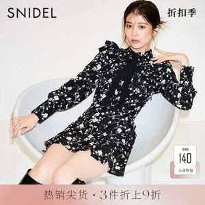SNIDEL秋冬甜美优雅荷叶边泡泡袖翻领带领结印花连衣裙SWFO235069