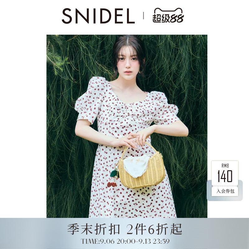 SNIDEL2026春夏新品抽褶V领泡泡袖收腰樱桃印花连衣裙SWFO262015图片