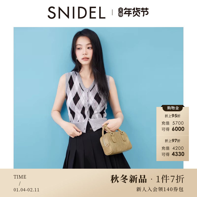 SNIDEL2025秋冬新品时尚复古V领无袖格纹针织背心上衣SWNT254283,女装/女士精品,毛针织衫,淘宝优惠券,粉丝福利购,淘宝优惠卷