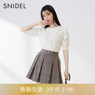 打褶针织衫 SWNT231159 甜美少女圆领刺绣泡泡袖 SNIDEL春夏款