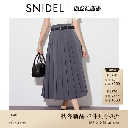 SNIDEL2025秋冬新品通勤百搭高腰百褶开叉半身裙含腰带SWFS254129