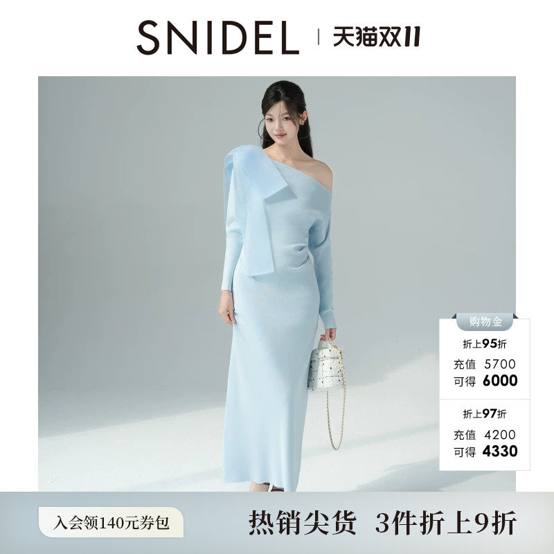 SNIDEL2026春夏新品优雅蝴蝶结斜肩露肩长袖针织连衣裙SWNO261039