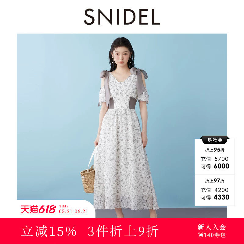 SNIDEL春夏款优雅露肩收腰蝴蝶结肩带印花连衣裙SWFO252064