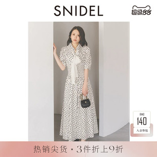 SNIDEL2025秋冬新品翻领波点蝴蝶结系带短袖收腰连衣裙SWFO254173