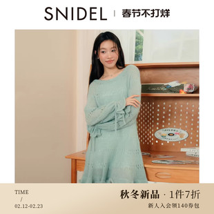 SNIDEL2025秋冬新品圆领镂空木耳边花苞袖针织连衣裙SWNO254313