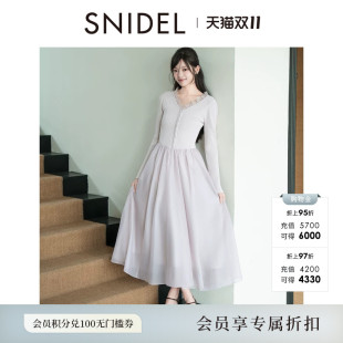 SNIDEL2026秋冬新品蕾丝V领长袖针织拼接雪纺连衣裙SWNO264114