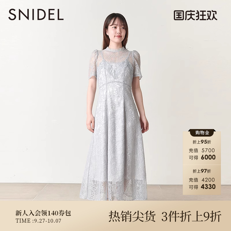 SNIDEL短袖透视蕾丝连衣裙