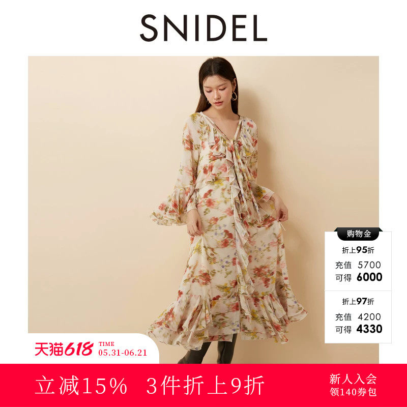 SNIDEL秋冬款甜美优雅V领系带印花荷叶边连衣裙SWFO245055