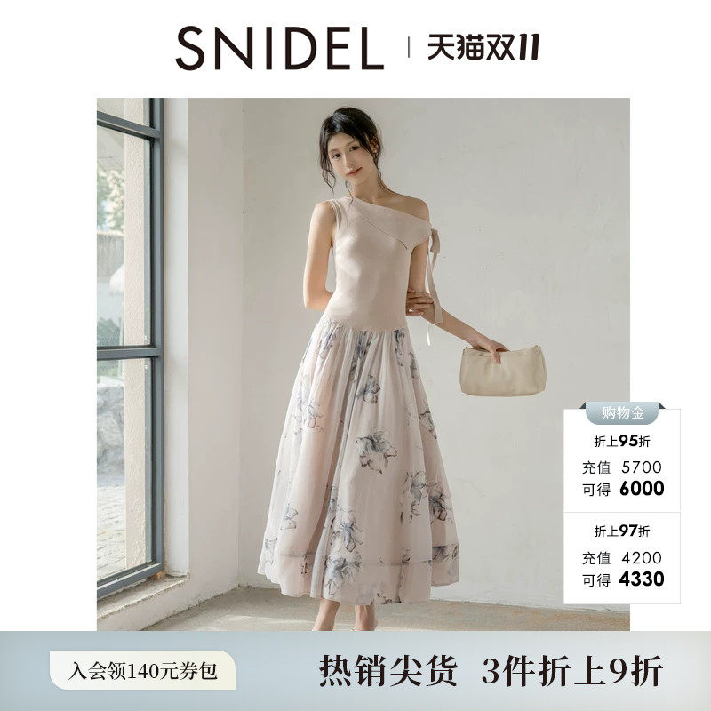 SNIDEL2026春夏新品优雅斜肩无袖针织拼接印花连衣裙SWNO262032