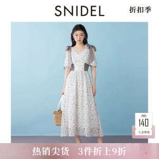 SNIDEL春夏款优雅露肩收腰蝴蝶结肩带印花连衣裙SWFO252064