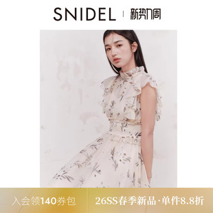 SNIDEL2026春夏新品 印花连衣裙SWFO261300 优雅木耳领收腰小飞袖