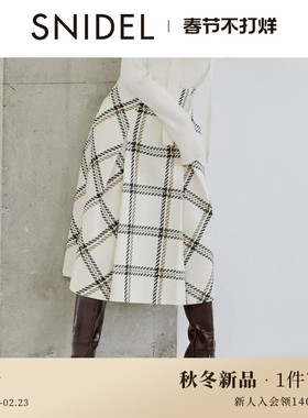 SNIDEL2025秋冬新品高腰中长款压褶A字经典格纹半身裙SWFS254144