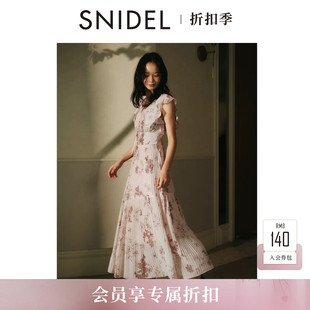 SNIDEL2026春夏新品优雅V领系带小飞袖收腰印花连衣裙SWFO262317