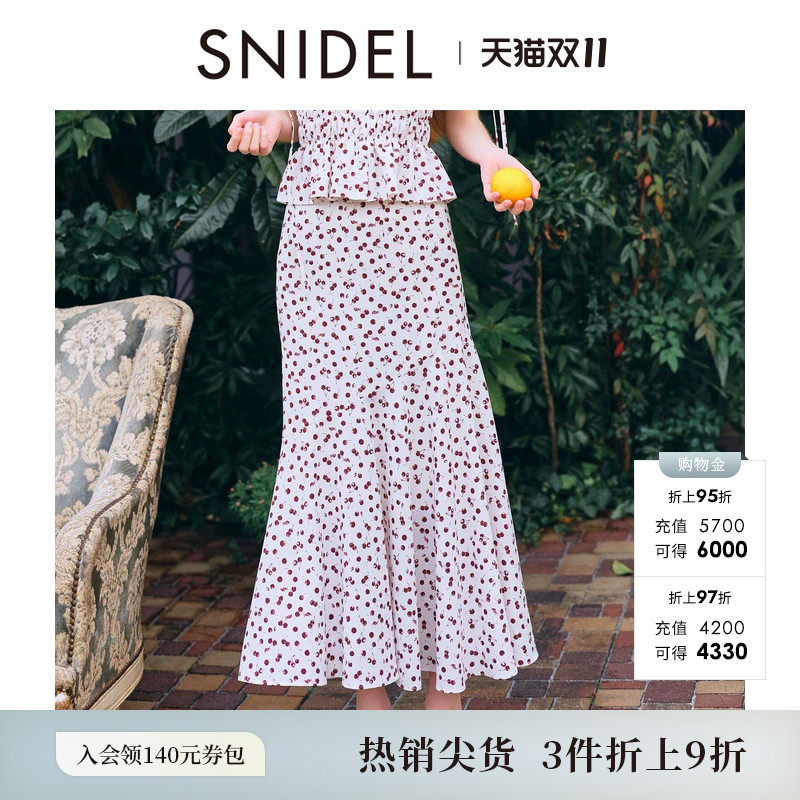 SNIDEL2026春夏新品优雅百搭高腰樱桃印花鱼尾半身裙SWFS262084