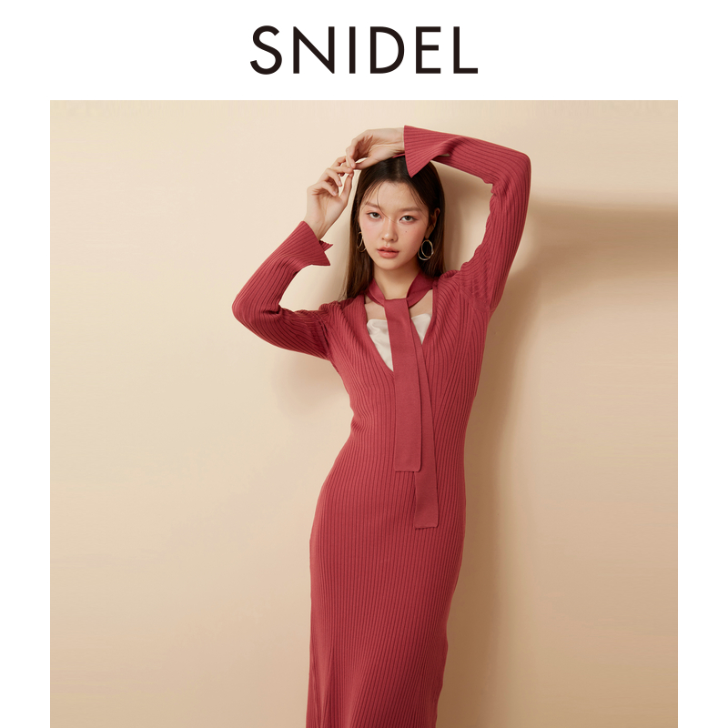 SNIDEL深V领系带修身针织连衣裙S