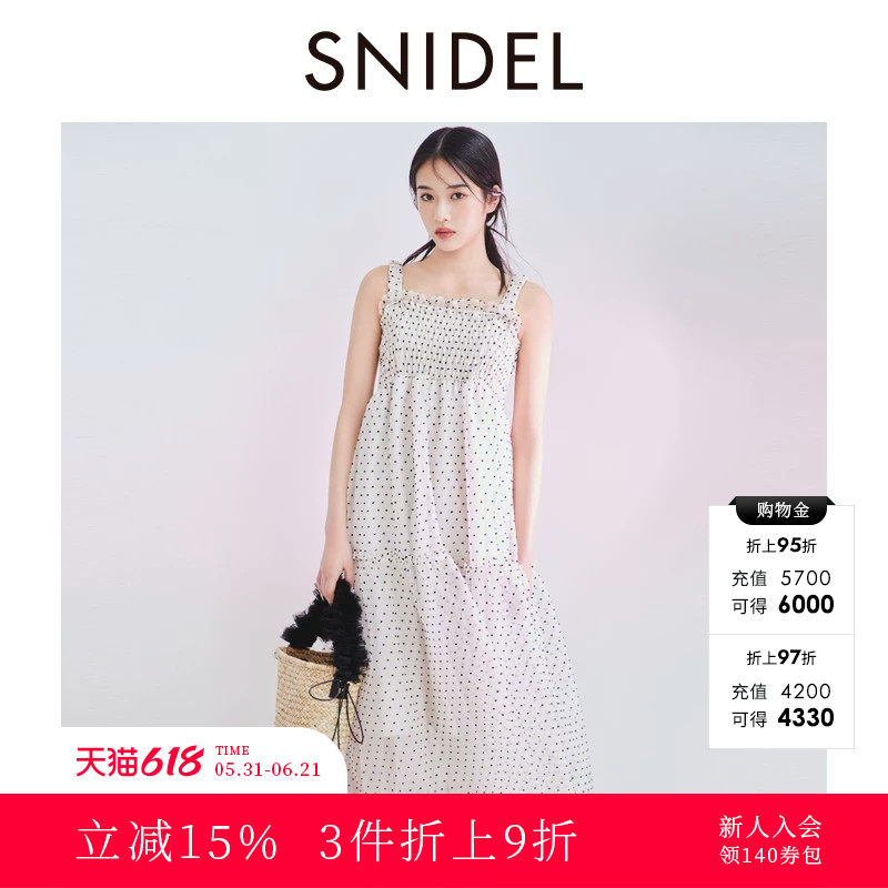 SNIDEL秋冬款甜美薄纱拼接波点露肩吊带连衣裙SWFO244007