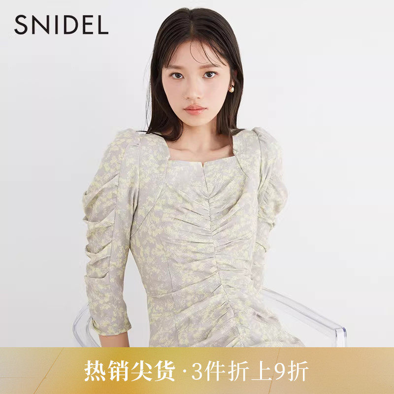SNIDEL春夏款方领抽褶系带收腰茶歇碎花连衣裙SWFO231082