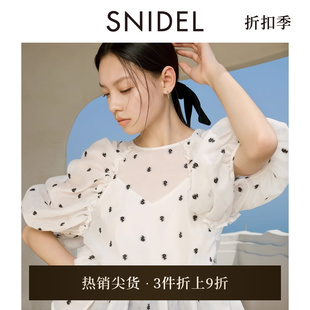 SNIDEL春夏款 上衣SWFB242090 甜美荷叶边圆领印花泡泡袖 衬衫