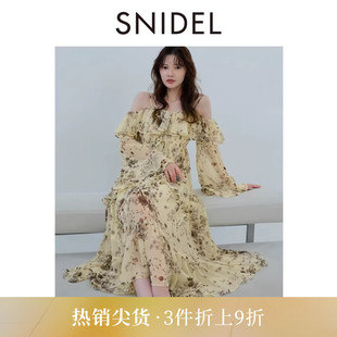优雅收腰吊带露肩荷叶边蛋糕连衣裙SWFO255031 SNIDEL2025秋冬新品