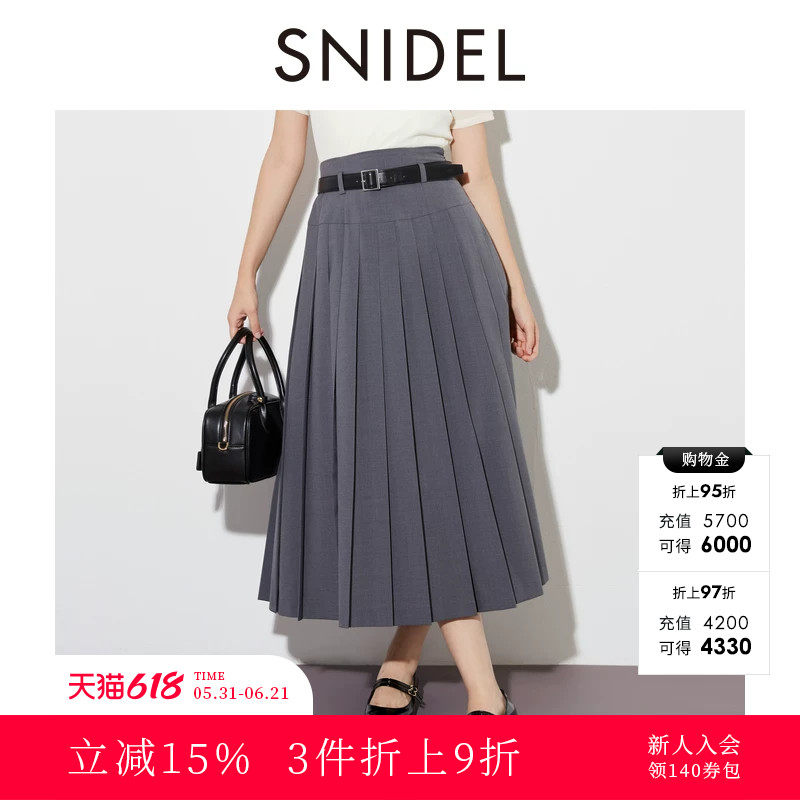 SNIDEL2025秋冬新品通勤百搭高腰百褶开叉半身裙含腰带SWFS254129