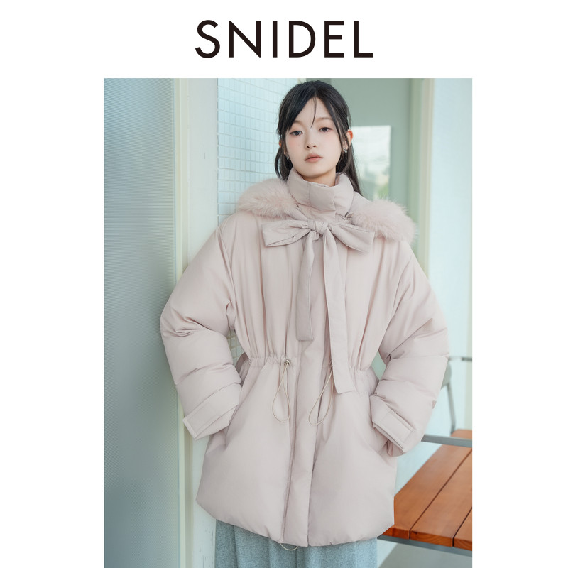 SNIDEL2026秋冬新品抽绳收腰毛领连帽中长款鹅绒羽绒服SWFC264423
