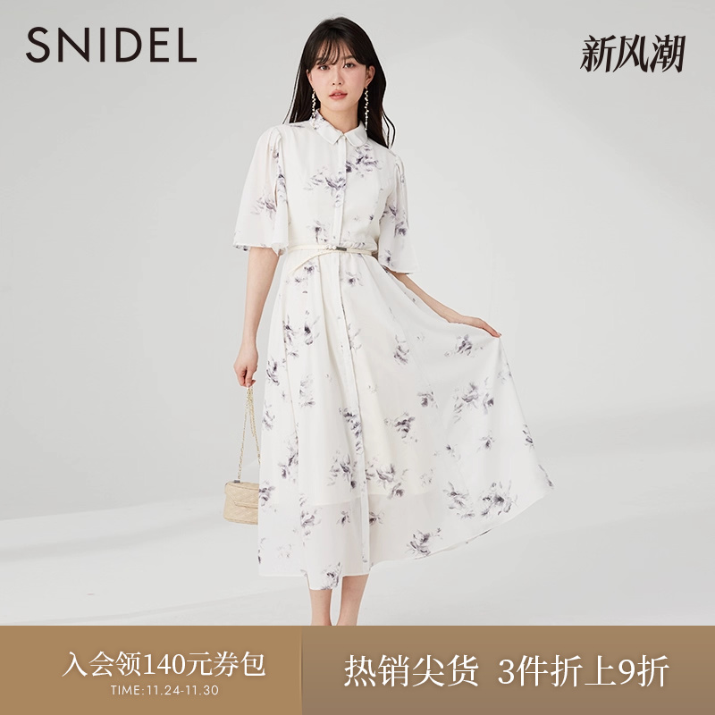 SNIDEL优雅翻领碎花衬衫连衣裙