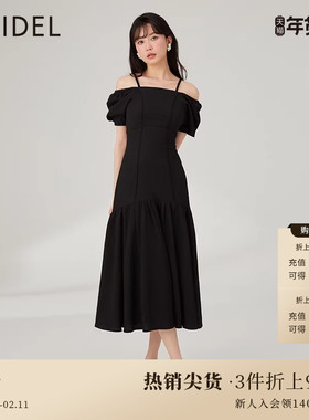 SNIDEL秋冬优雅泡泡袖一字肩吊带收腰修身A字连衣裙SWCO234033