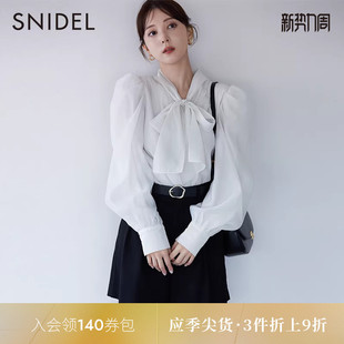 上衣SWFB235012 雪纺衬衫 SNIDEL秋冬优雅蝴蝶结系带泡泡袖 印花长袖