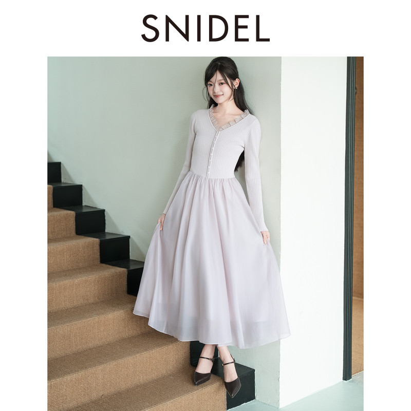 SNIDEL2026秋冬新品蕾丝V领长袖针织拼接雪纺连衣裙SWNO264114